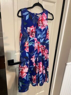 Floral A-Line Midi Dress - Blue with Pink Floral